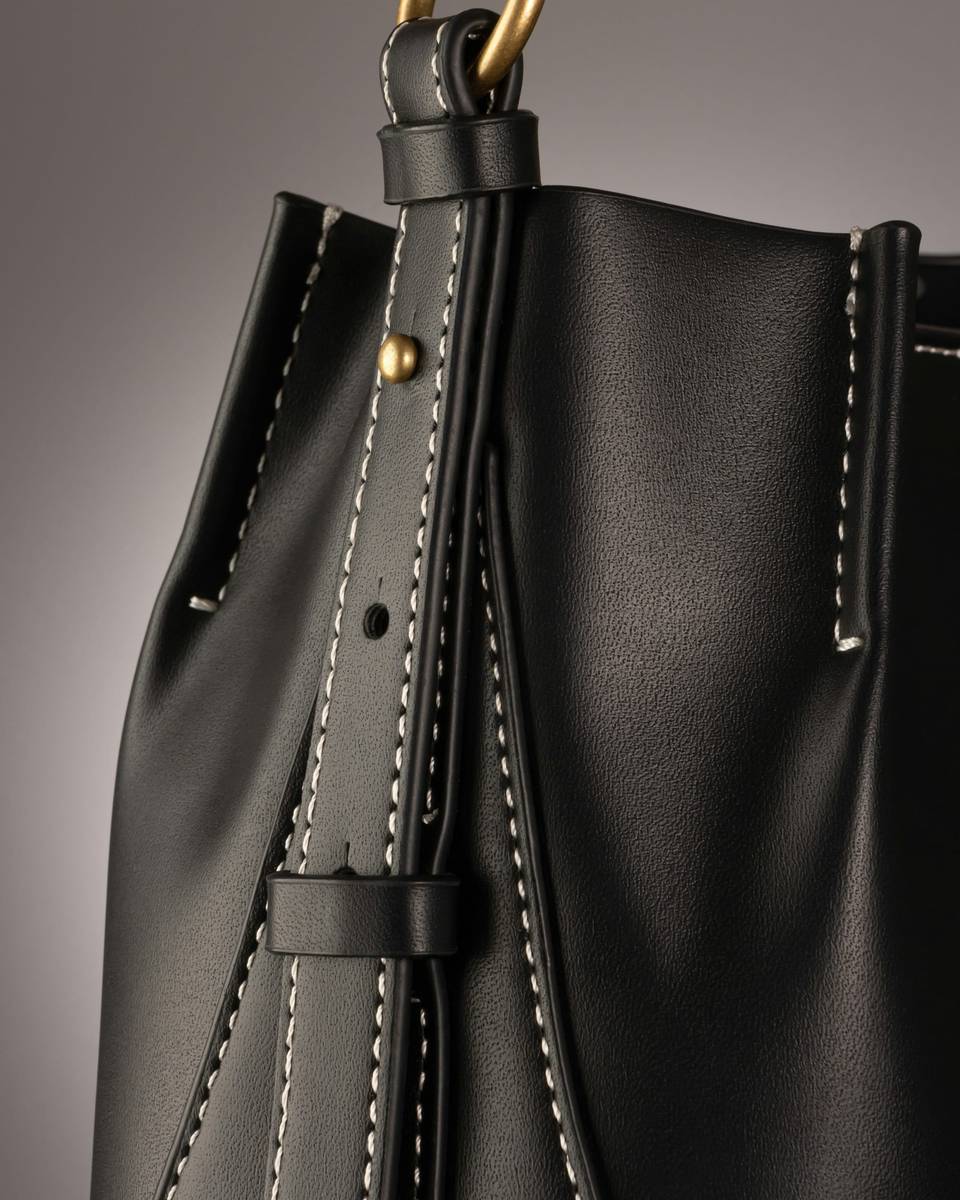 Close-up of a black leather bag with contrast stitching and a brass ring on the strap